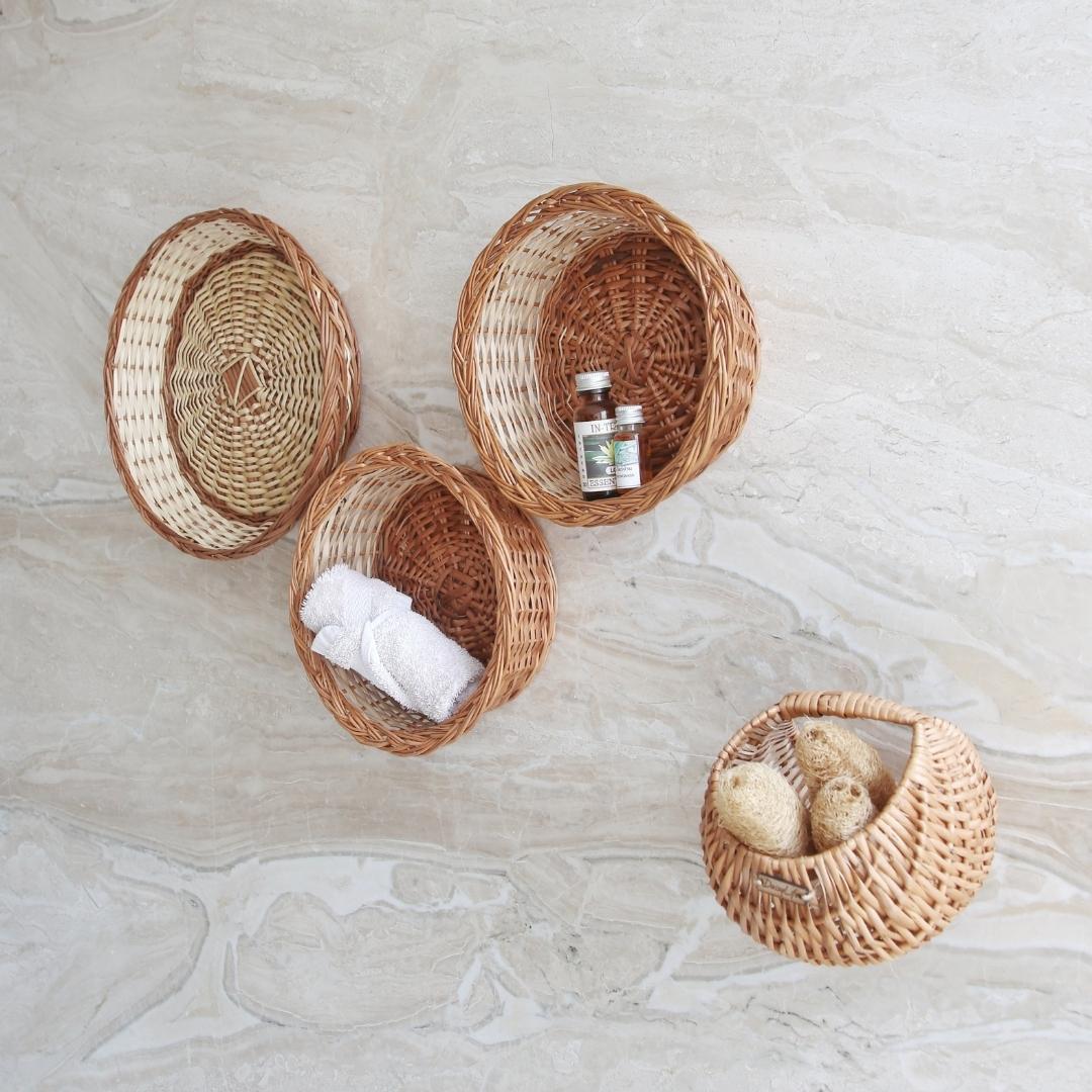 Spa Suite Wall Baskets used as a space for essential oils, loofas, etc.